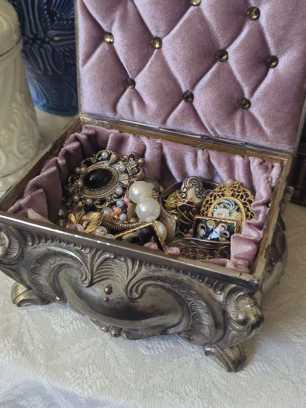 Ornate Metal Jewelry Casket – Hand-Restored Velvet Interior
